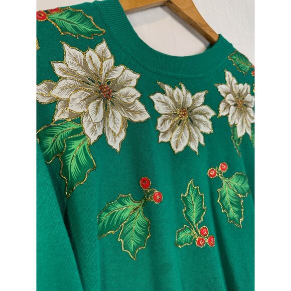 Vtg 90s Y2K Holiday Sweatshirt Poinsettia Holly Puff Paint Christmas Holiday - Picture 2 of 7